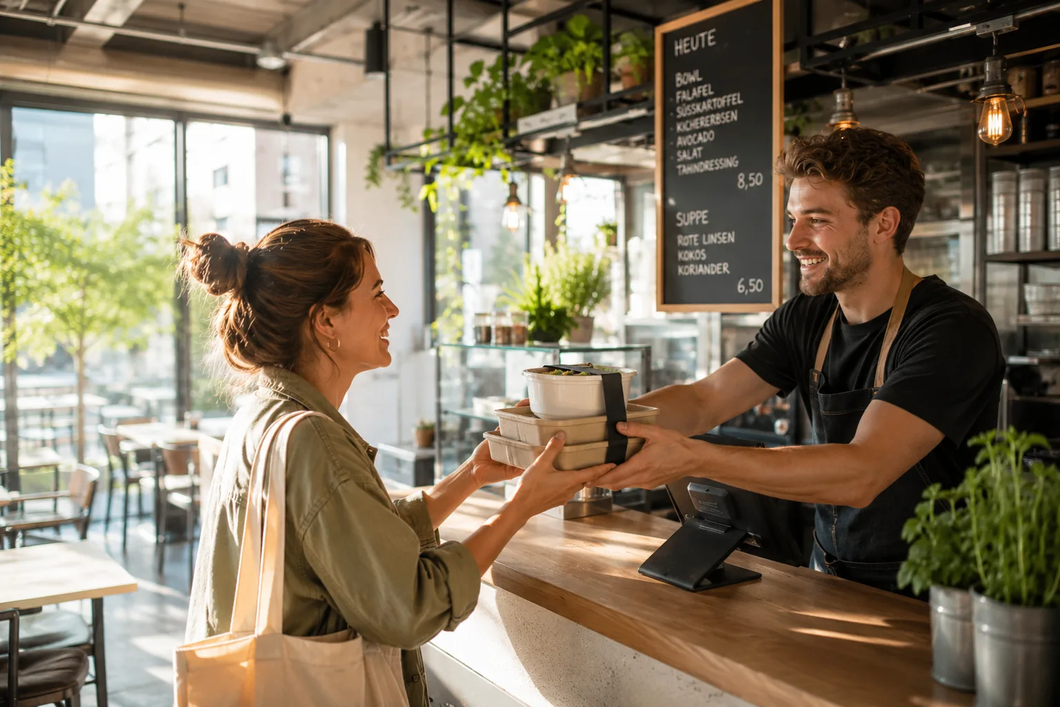 Kundin nimmt To-Go-Bestellung am Tresen einer hellen, urbanen Gastronomie in Empfang