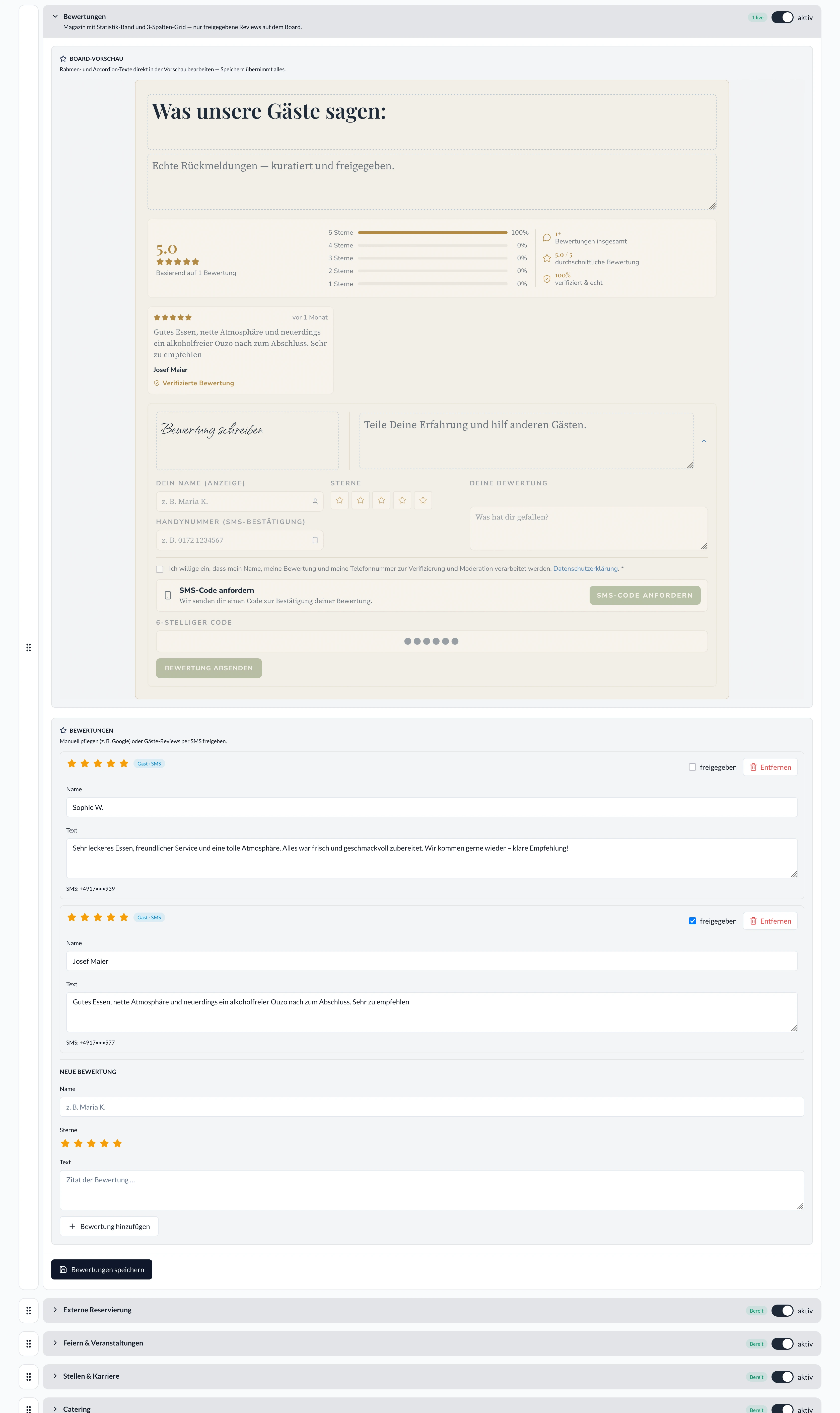 Bewertungs-Editor im Backoffice mit Freigabe-Checkbox pro Eintrag