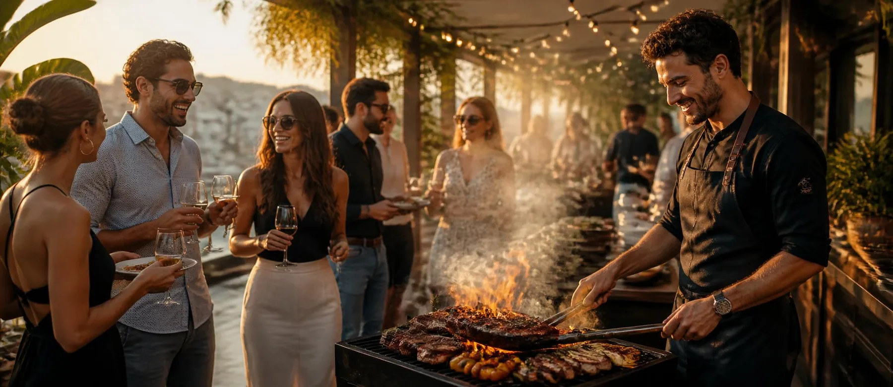 BBQ-Event auf der Terrasse eines Restaurants — Grillmeister und Gäste bei Sonnenuntergang