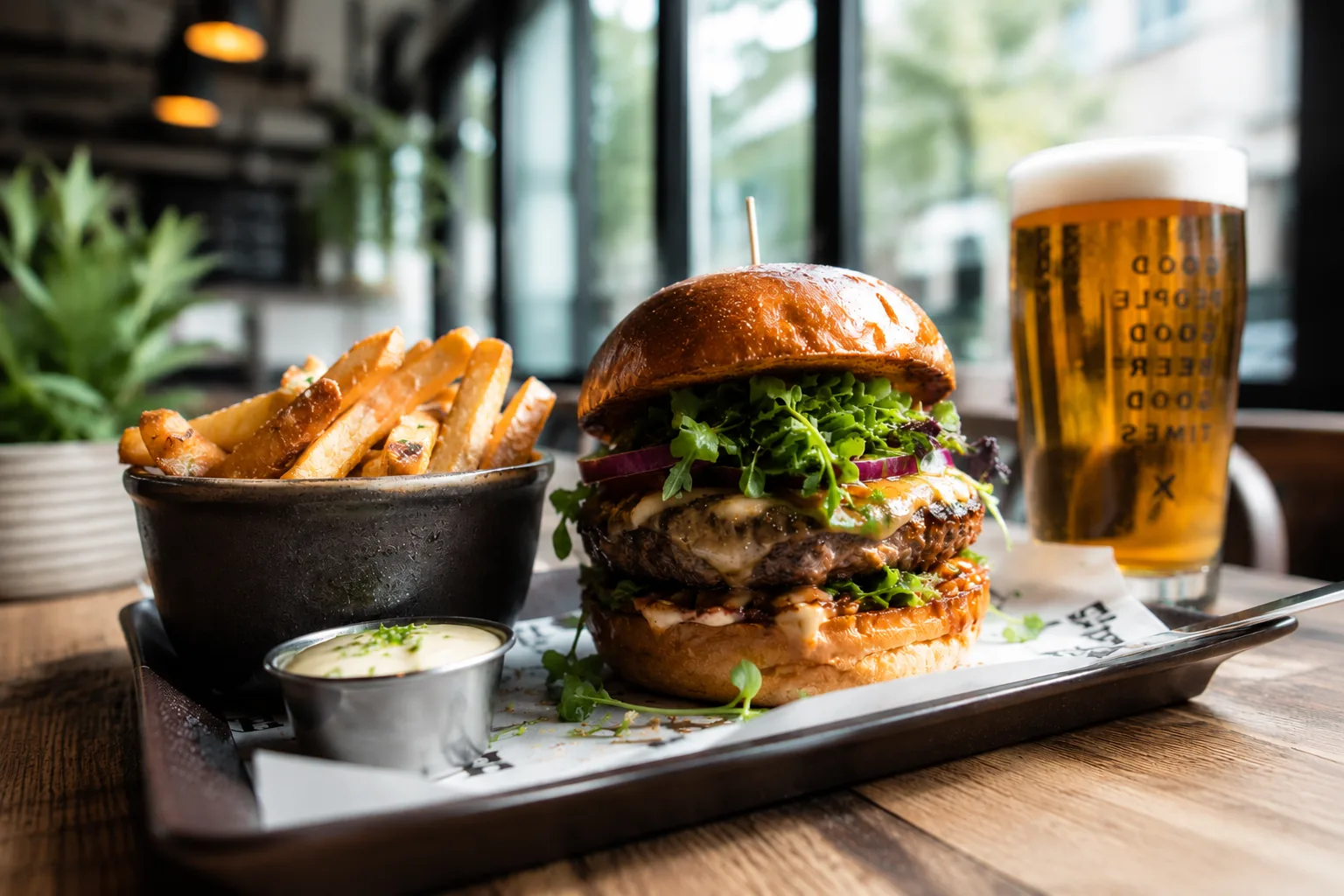 Burger, Pommes und Bier auf einem Holztisch