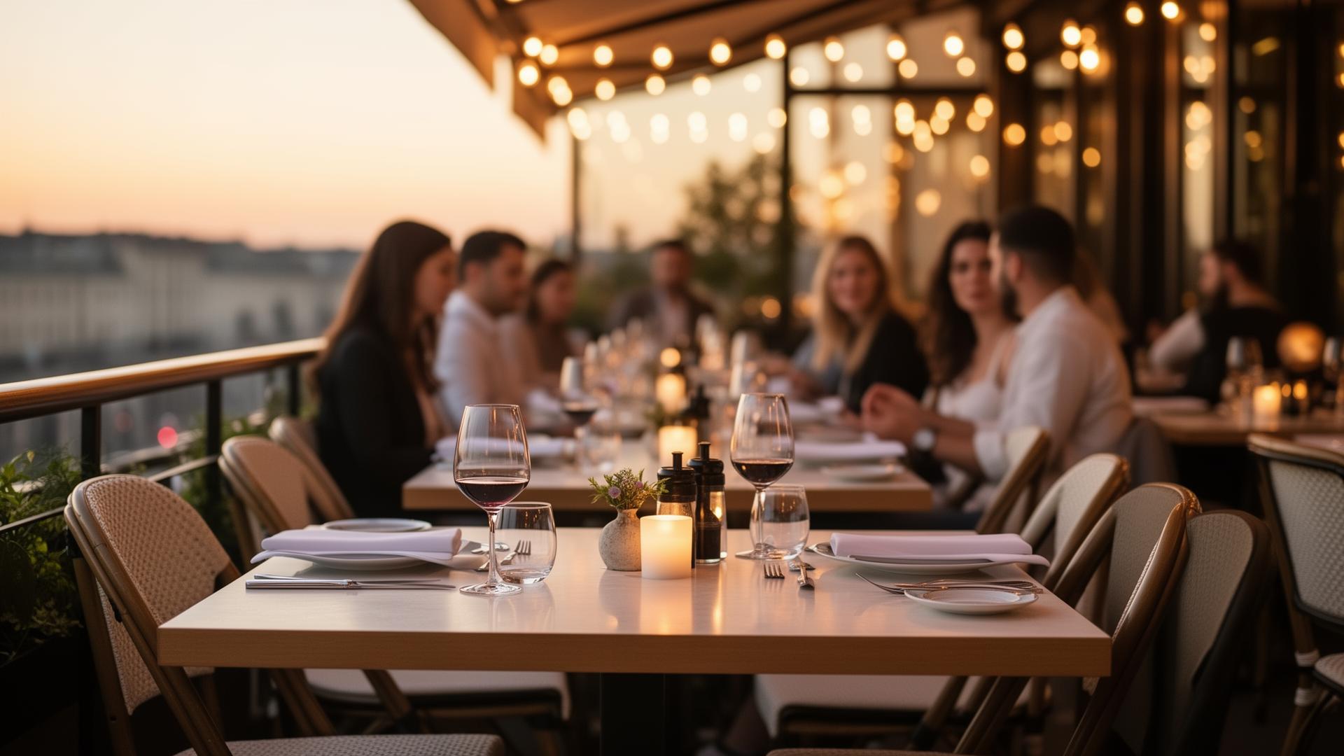 Gedeckter Restauranttisch auf einer Terrasse am Abend, im Hintergrund Gäste beim Essen