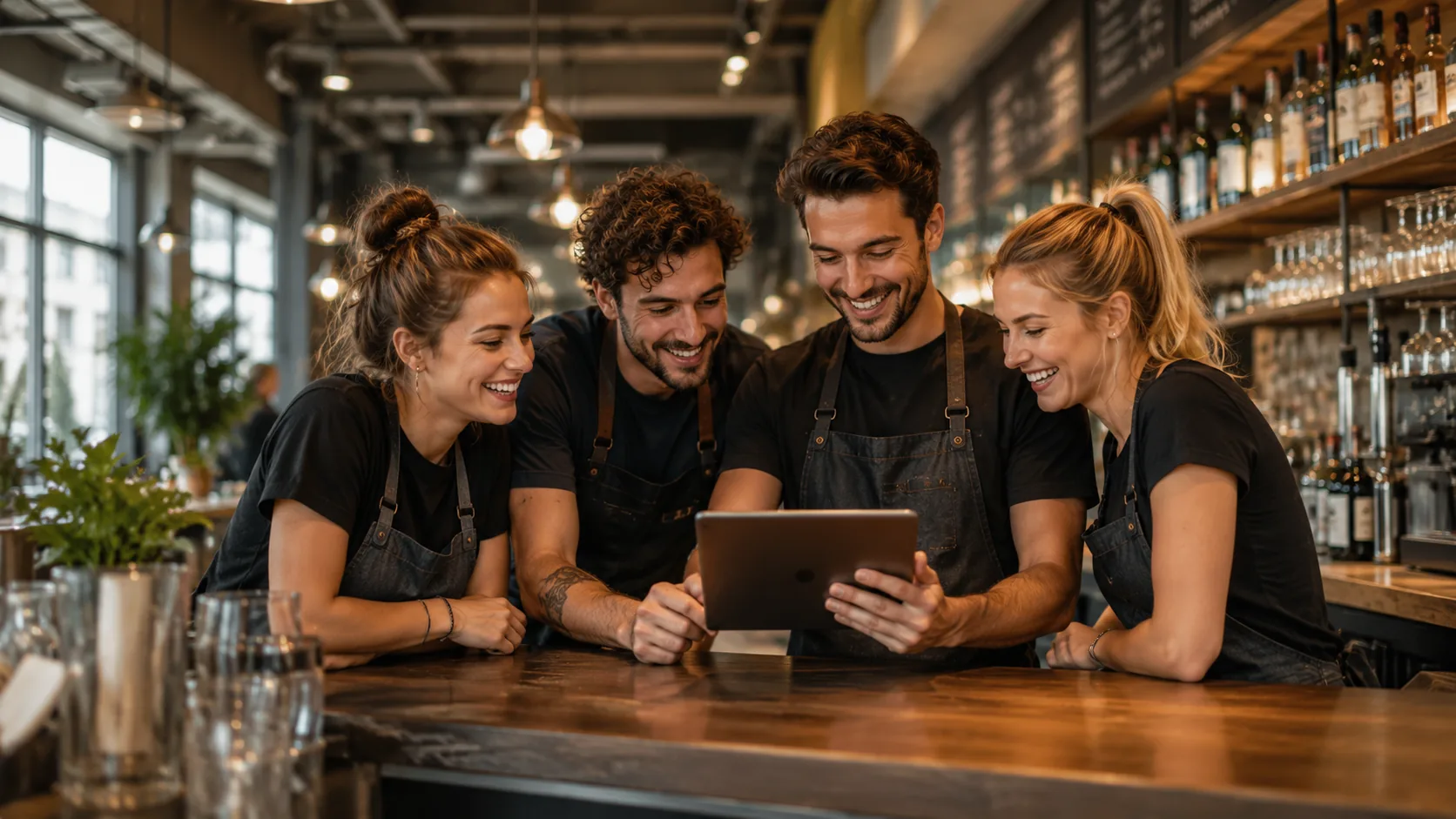Fröhliches Restaurant-Team am Tresen mit Tablet