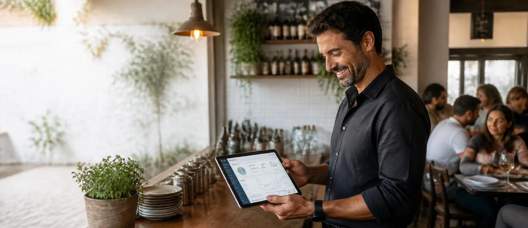 Gastronom mit Tablet am Tresen in einem urbanen, hellen Restaurant — im Hintergrund junge Gäste
