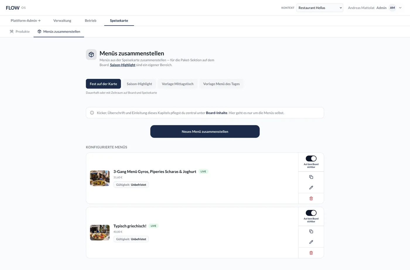 Menüs zusammenstellen im FLOW OS Backoffice