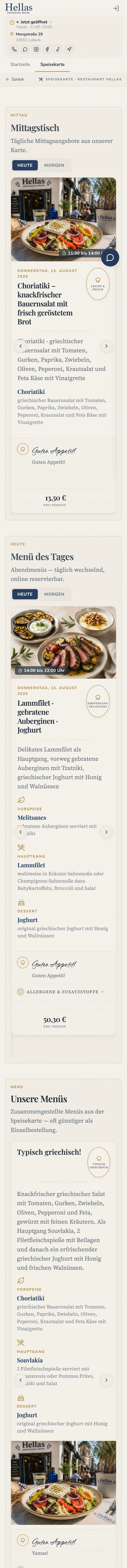 Menü- und Mittagstisch-Ansicht aus Gastsicht auf dem Smartphone