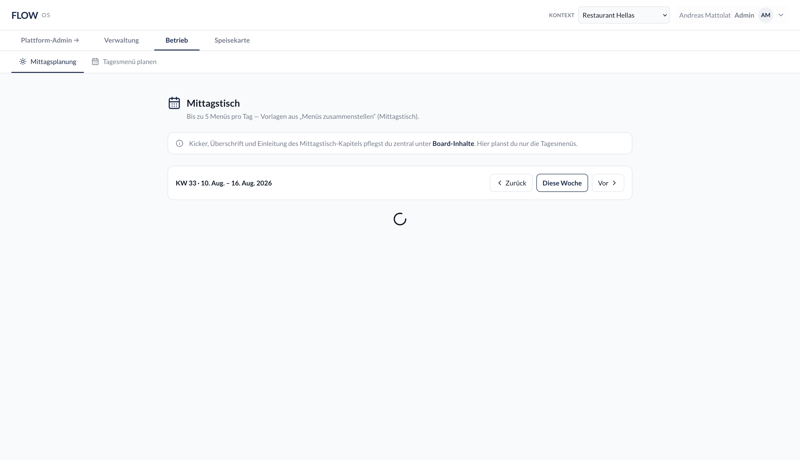 Wochenplanung für Mittagstische im FLOW OS Backoffice