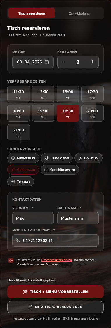 FLOW OS Reservierungsformular auf dem Smartphone