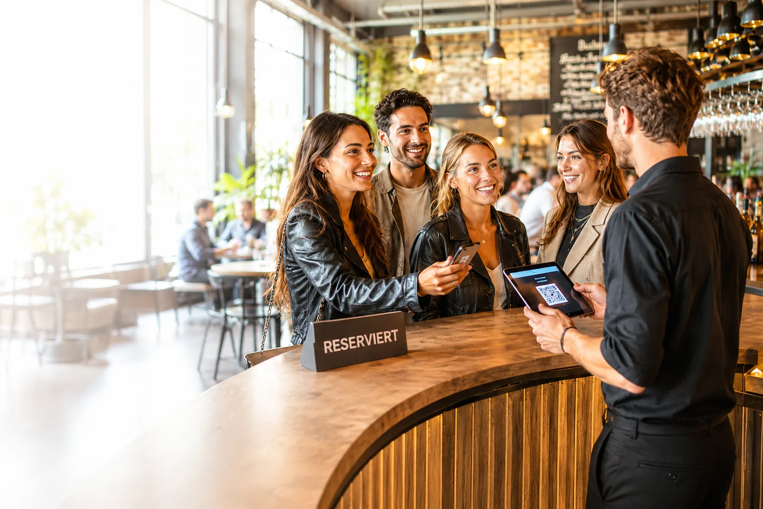 Gäste werden am Empfang eines modernen Restaurants freundlich begrüßt