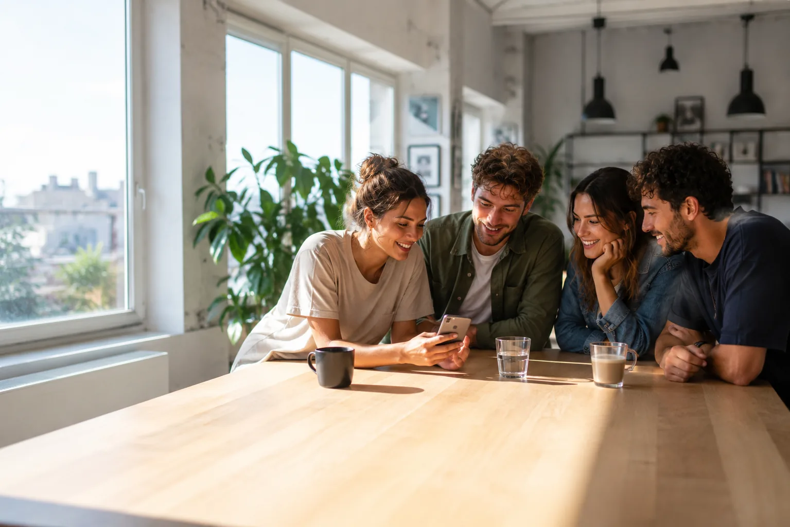Junge Gäste am Tisch, die gemeinsam auf einem Smartphone ihre Vorbestellung zusammenstellen