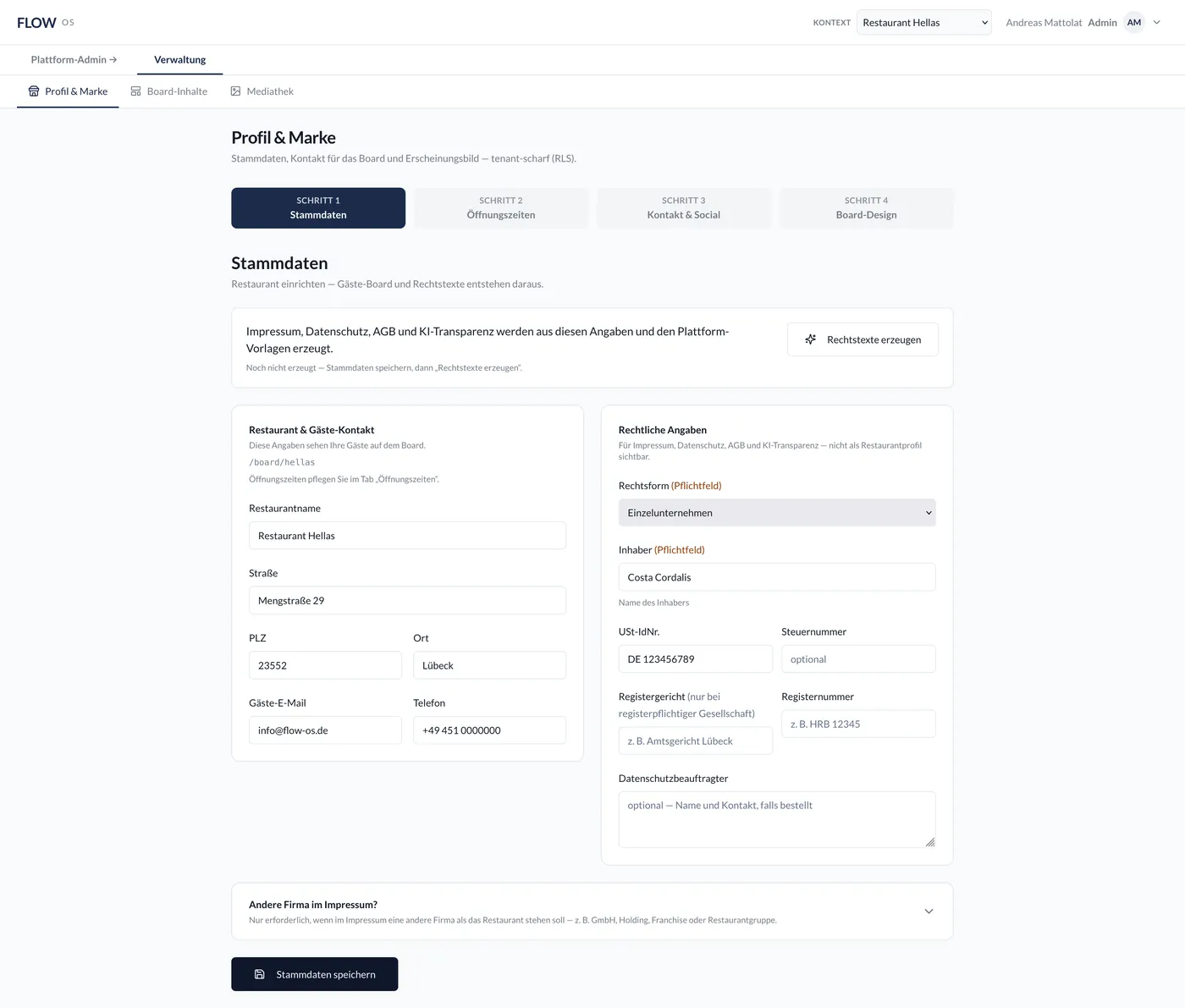 FLOW OS Backoffice — Stammdaten & Profil