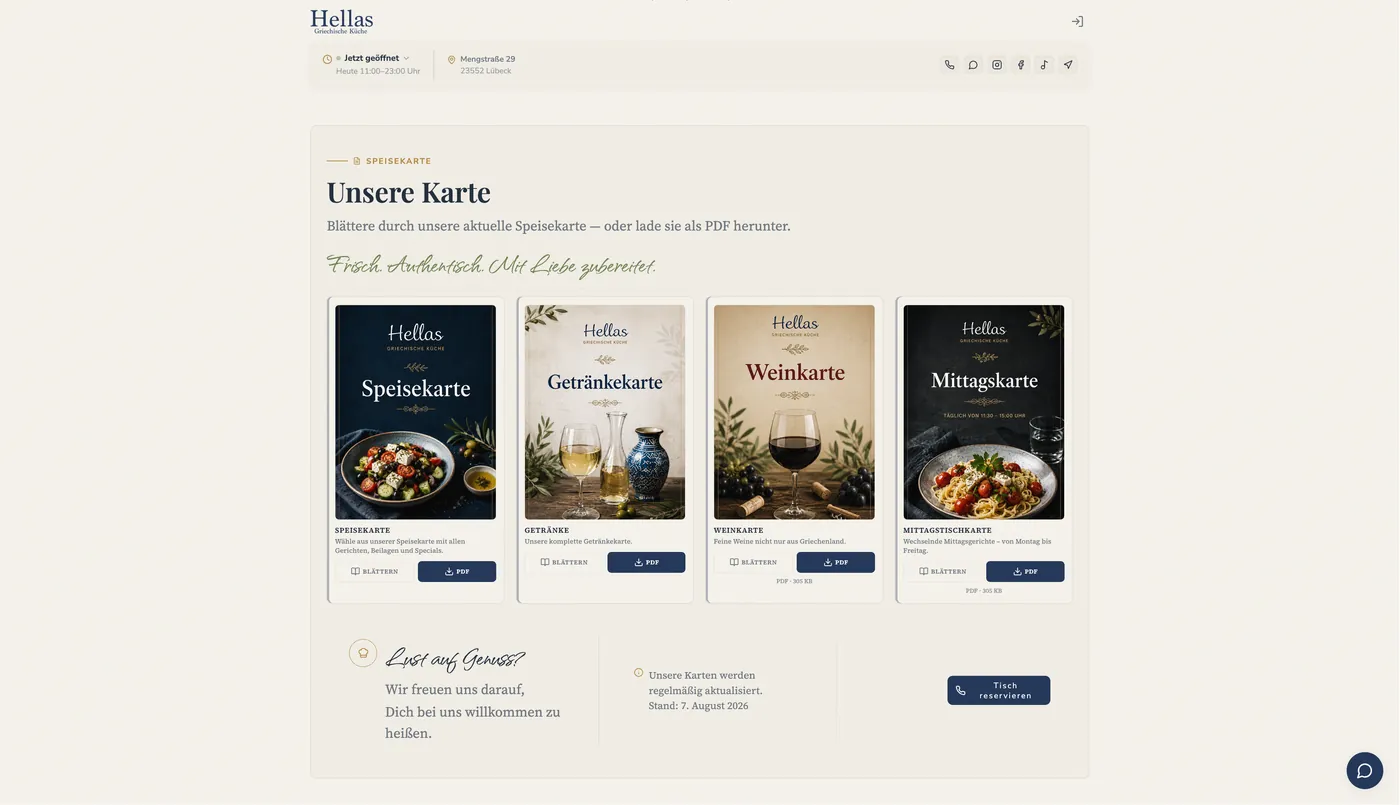 Speisekarten-Übersicht auf der Restaurant-Website — vier Karten-Kacheln