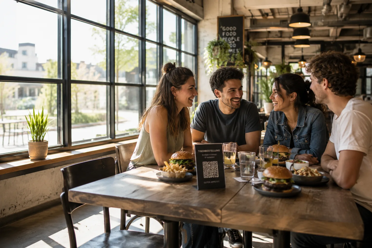 Vier junge Gäste an einem Tisch mit QR-Code-Aufsteller, Burgern und Drinks in einer hellen Industrie-Location
